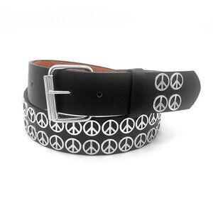 Peace Sign Silver Color Metal Studs 2-Rows Pyramid Studded Belt Punk Size Medium